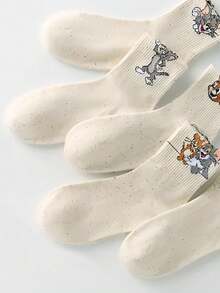 5 Pairs Women's Socks - Warner Bros Cartoon Cat & Mouse Animal Pattern, Made Of Polka Dot Mesh Fabric, Breathable & Moisture-Wicking, Suitable For Couples, Autumn/Winter, Everyday Wear - Multicolor - View 8