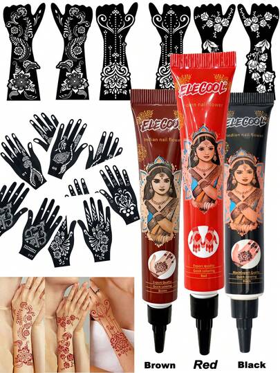 yikexuanli 16 Stück Arm Cut Out Tattoo Schablone + 3 Farben Henna Tattoo Zeichenpaste Set, wasserfest und schweißfest temporäres Tattoo Set, vielseitige Designs für Männer temporäre Tattoos und Körperkunst, geeignet für Festivals