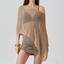 Women Sheer Mesh Poncho Top Crochet Knit Lightweight See Through Shawl Wrap Summer Oversized Loose Shrug Beachwear Swimsuit Bikini Cover Ups - 卡其色 - 查看 3