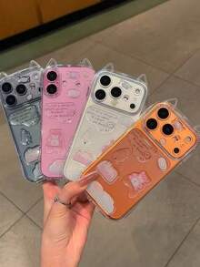 1个DIY可爱趣味小熊雪人树图案贴纸，透明手机壳，创意猫耳透明防震保护套（女孩适用） - 粉紅小熊貼紙 - 查看 1