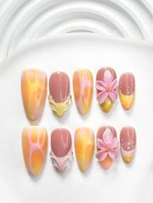 10pcs Summer Beach Style Polygel Manicure Set, Acrylic Pressed Nails, Handmade 5-Petal Pink Flower Nail Decor, Hand-Painted Solid Color Water Wave & White Polka Dot Pattern, Beach Vibe, Includes Nail Tools (1 Jelly Sticker + 1 Nail File), 3 Sizes Available: Square, Short Square, Almond Handmade Press On Nails - Nhiều màu - Xem 3