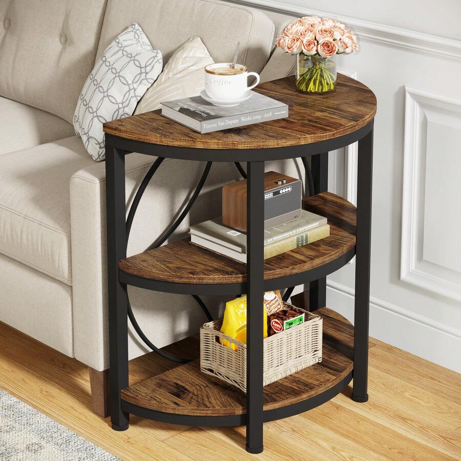 LITTLE TREE Half Round Side Table, 3-Tier End Table, Narrow Side Table With Metal Frame, Small Coffee Table Nightstand For Living Room, Bedroom - Rustic Brown - 查看 1