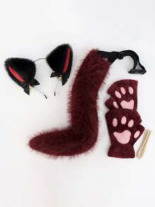 3件套可爱猫咪套装，包括蝴蝶结、铃铛、猫耳朵头箍，营造活泼氛围的直播服装道具、角色扮演配饰、猫咪手套 - 彩色 - 查看 12