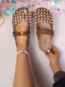 Women's Fashionable Versatile Pearl Hollow Out Sandals - Brown - View 5