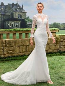 White Applique Mesh Patchwork Zipper Fitted Elegant Long Sleeve Wedding Dress - White - View 9