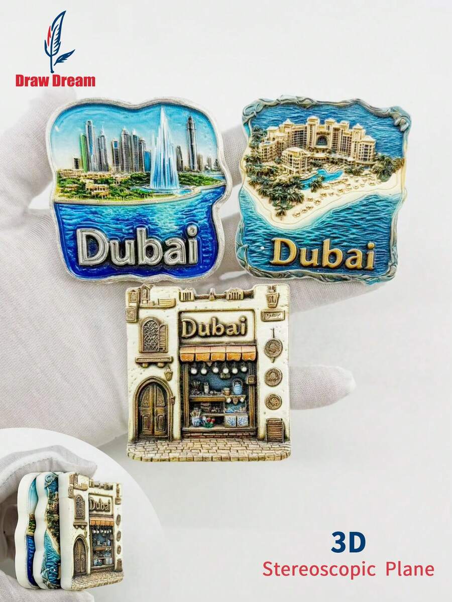 1pc Dubai Theme 3D Embossed Fridge Magnet, Creative Home Decor Gift, Magnetic Sticker Decor, Travel Souvenir Gift, Unique Travel Collection Gift, Creative Magnetic Sticker, Exquisite Travel Souvenir, Travel Souvenir Decor Sticker, Suitable For Home, Office Decor, Personalized Travel Souvenir Fridge Magnet Sticker, Home Decor, Kitchen, Room, Office, Cabinet Craft Gift, Holiday Souvenir Gift, Exquisite Small Gift - Exclusive Refrigerator Magnets - View 1