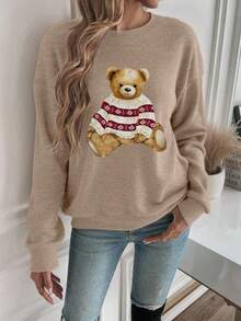 Áo thun nữ thời trang thường ngày, họa tiết gấu, thích hợp cho mùa thu/đông. Thiết kế cổ tròn, thoải mái và ấm áp. - Lạc đà - Xem 5