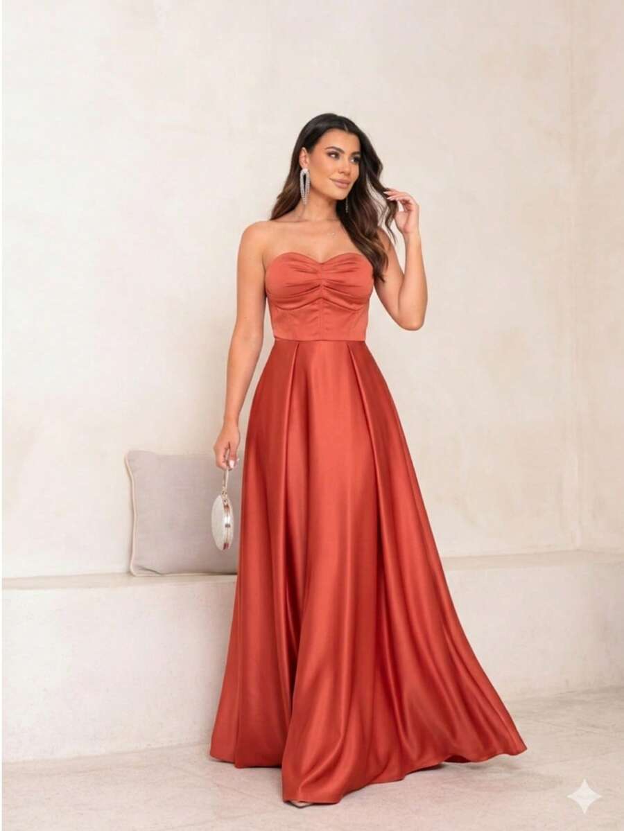 Long Strapless Satin Dress With Side Slit, Casual Party Style. - Terracotta - View 1