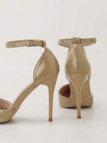 时尚简约欧美风超高跟尖头镂空绑带高跟凉鞋，优雅女士高跟鞋，闭趾高跟鞋 - 卡其色 - 查看 3