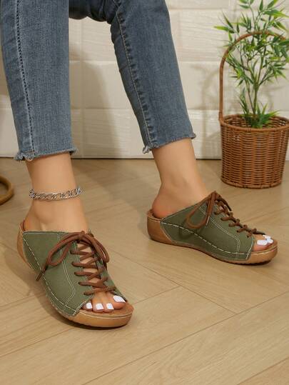 Summer New Girls' Retro Open Toe Sandals, Lace-Up Military Green Wedge Heel, Non-Slip Durable Soft Breathable, Comfortable For Daily Wear Indoor Outdoor Commuting, Lightweight Easy To Wear Personalized Design Youth Casual Slippers