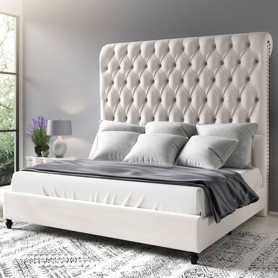 Modern Bedroom Platform Bed, Velvet Upholstered Bed With Tall Headboard - 奶油 - 查看 1