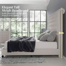 Modern Bedroom Platform Bed, Velvet Upholstered Bed With Tall Headboard - 奶油 - 查看 4