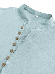 Áo Henley tay ngắn nam, cổ chữ V sâu, kiểu dáng retro tối giản thoải mái, nhiều nút cài, phù hợp cho các dịp thường nhật, du lịch và mặc hàng ngày. - Màu xanh nhạt - Xem 7