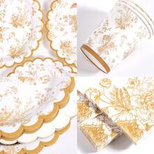 Yellow Porcelain Floral Disposable Plates, Napkins, Cups - One-Time Party Supplies Set, Suitable For 10 Guests, Disposable Paper Plates Party Tableware For Birthday, Wedding, Picnic - Style 4 - View 3