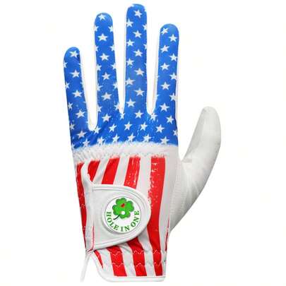  FINGER TEN 男士左手高尔夫手套，1 只装，带球位标记，适合右手高尔夫球手，时尚的美国国旗图案，透气全天候握把，舒适设计，助您自信挥杆。