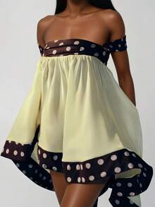 Womens Polka Dot High Low Dress Off The Shoulder Puffy Mini Dress Flowy Asymmetrical Hem Cocktail Party Club Evening Dress - 香檳色 - 查看 2