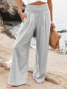 Plus Size Women's Solid Color Summer Vacation Casual Wide Leg Loose Pants Spring - Gray 2 - View 1