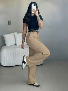 Women's High Waist Wide Leg Pants |   Spring Women's Clothing |   Casual Elegant Office Pants |   Spring Casual Wear |   Solid Color Loose Straight Bottoms |   Spring Apparel |   Women's Casual Wear |   Soft Comfortable Casual Pants |   Women's Casual Wear Matching |   Minimalist Fashionable Workwear |   Casual Suit |   New Year Preparation |   Essential Spring & Autumn, No Belt Included - Màu Khaki - Xem 5