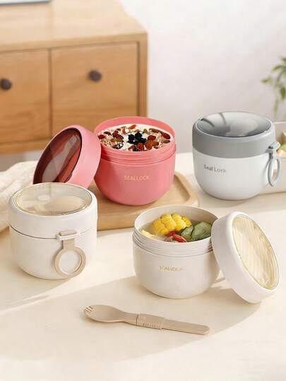 便当盒配勺子，午餐盒，燕麦早餐杯，便携式学生午餐盒，便携式燕麦杯，午餐包，微波炉适用午餐盒（盖子可拆卸），适合学生、旅行者和上班族，厨房必备，返校必备