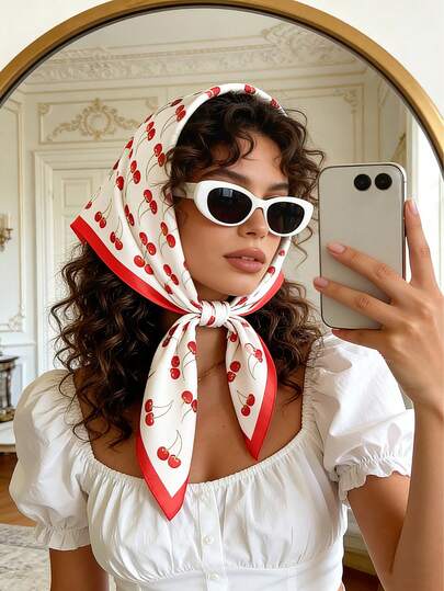 1pc Cherry Printing 70cm Bandana Women All-Match Waist Belt Pack Decoration Headscarf Streamer Headwear Fashionable Scarf ,Hair Band,Head Band Ideal For Dressing Up Your Look Valentine's Day Valentines