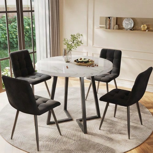 Dining Room Set (5 Pieces), Modern Table And Chair Set, Round Kitchen Table 80 Cm In Diameter With Black Metal Legs, White MDF Top And Black Velvet Chairs. - Black - View 1