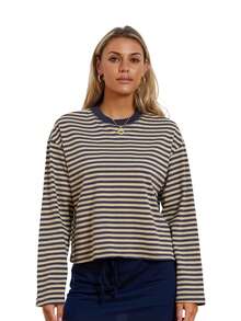 Women T-Shirt, Long Sleeve Crew Neck Loose Ladies Fall Casual Striped Top Streetwear - 黃條紋 - 查看 7