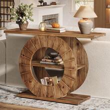LITTLE TREE 41" Solid Wood Console Table With Storage, Farmhouse Sofa Table With 3-Tier Shelves & Carved Circle Base For Living Room, Hallway, Foyer - 棕色 - 查看 7