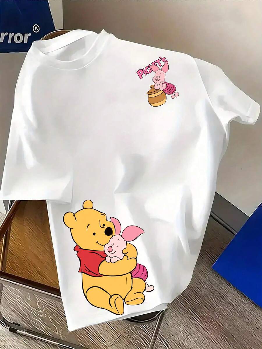 Authorized By Disney, Ladies Leisure Disney Winnie The Pooh And Piggy Piggy Printed T-Shirts, Comfortable Cotton Round Neck T-Shirts, Suitable For Everyday Street Wear, Necessary In Summer. - 白色 - 查看 1