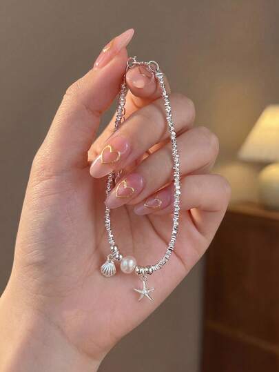 1pc 925 Sterling Silver Pearl, Starfish & Shell Bracelet, Elegant Versatile Jewelry For Women, Suitable For Valentine's Day, Birthday Party And Daily Wear