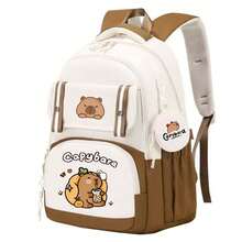 水豚可爱设计轻便帆布背包，时尚校园学生书包，符合人体工学设计的旅行背包，返校单肩包，大容量多层铅笔盒，返校必备办公用品，情人节礼物 - 彩色 - 查看 9