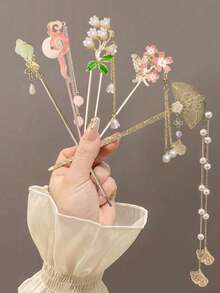 Bộ 5 phụ kiện tóc hợp kim, kẹp tóc hoa anh đào thanh lịch cho Hanfu, kẹp tóc tua rua, phụ kiện tóc cho sườn xám - Thiết kế cao cấp, tinh tế tối giản, chất liệu hợp kim, dễ sử dụng, quà tặng đẹp, phụ kiện đội đầu, kẹp tóc búi, ghim tạo kiểu tóc. - Nhiều màu - Xem 9