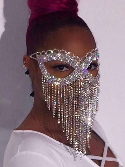 1pc Long Tassel Multi-Layer Crystal Headpiece Mask, Glamorous Party Ball Jewelry Accessory For Women