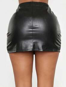 Chân váy mini cạp cao giả da cỡ lớn dành cho nữ, chân váy ôm sát gợi cảm xẻ tà bên hông có khóa kéo, màu đen, thích hợp cho mùa xuân. - màu đen - Xem 2