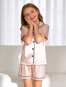 Tween Girl Pink Single-Breasted Short Sleeve Top And Shorts Pajama Set - Multicolor - View 5