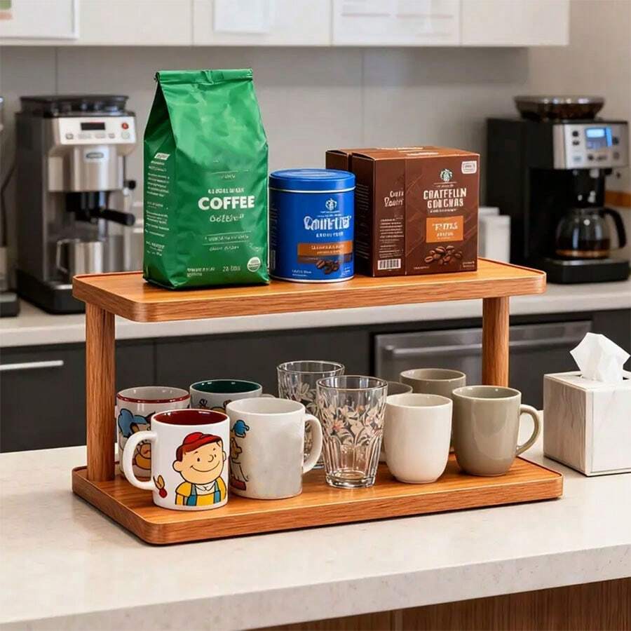 1件双层木质厨房收纳架，咖啡豆和咖啡杯展示架，多功能桌面收纳架，大容量厨房收纳架，调料架，茶杯和玻璃杯架，客厅和卧室零食书架，家居收纳装饰配件，适合作为礼物送给亲朋好友，节日礼物 - 彩色 - 查看 1