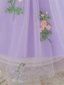 Baby Girls V-Neck 3D Floral Embroidered Mesh Princess Dress, Suitable For Birthday Party, Flower Girl, Wedding, Excluding Headband - 淡紫色 - 查看 9