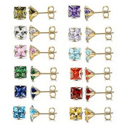 1 คู่ ต่างหูสตั๊ดสเตนเลสสตีลทรงสี่เหลี่ยมมินิมอล ประดับเพทายสังเคราะห์หลากสี เหมาะสำหรับใส่เข้าชุดในชีวิตประจำวัน, งานรวมญาติ, ปาร์ตี้, เทศกาล, ของขวัญเครื่องประดับสำหรับผู้หญิง