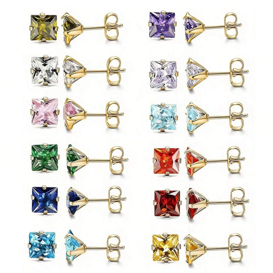 1 Pair Minimalist Stainless Steel Square Colorful Synthetic Zirconia Stud Earrings, Suitable For Women's Daily Matching, Gatherings, Parties, Festivals, Jewelry Gifts - Golden Blue Zirconium - View 1