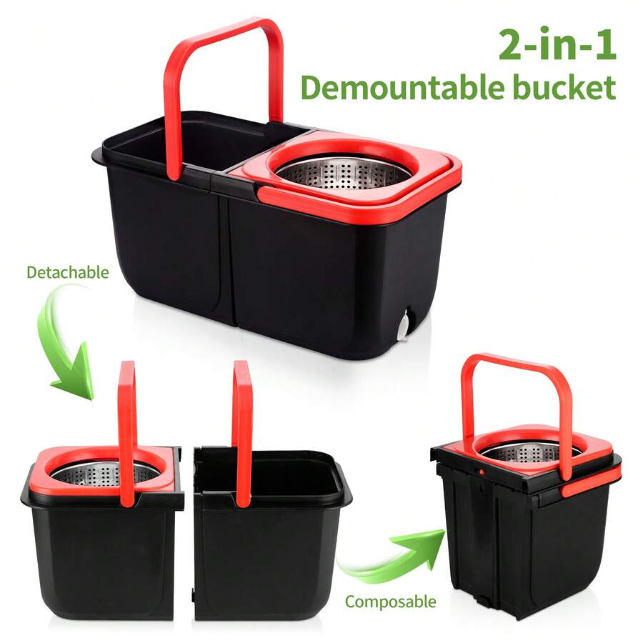 BN BY NEE This Spinning Mop And Bucket Set With A Water Filter Is Perfect For Bathroom Use. It Includes A 360° Rotating Mop Bucket System, Three Microfiber Mop Replacement Heads, And A 61-Inch Adjustable Stainless Steel Handle For Effective Floor Cleaning. - 分離桶 - 查看 1