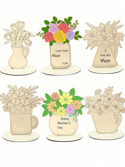 2pcs/Set Wooden Floral Desktop Decor, Rose/Lily/Tulip, Spring Mother's Day DIY Desktop Painting And Handicraft, Suitable For Mother's Day Decoration And Gift