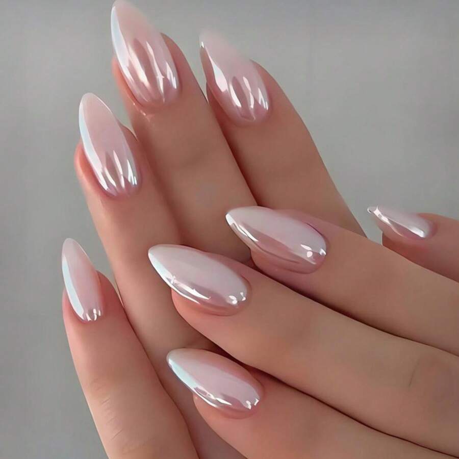 24pcs Valentine's Day Hook Press On Nails, Silver White Iridescent Mirror Electroplated, Luxury Elegant Nails Women Daily & Party Wear, Nail Art Supplies - DD-1424 - Xem 1