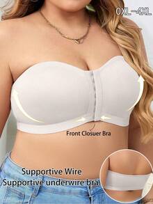 1件装加大码女士纯色舒适简约前扣运动文胸 - 无缝针织面料，无钢圈 - 白色 - 查看 5