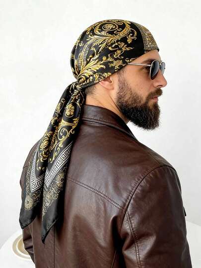 1pc 90cm Wide Black & Gold Baroque Print Satin Scarf, Large Square Headscarf, Suitable For Hip Hop Singers, Fashion Streetwear, Ideal Gift For Birthday, Holiday, Party, Travel, Street Style