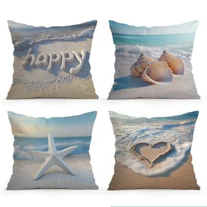 4pcs Beach & Seascape Pattern Pillow Covers, Single-Sided Printed Cushion Covers, Suitable For Living Room, Bedroom, Home Decor, All Seasons