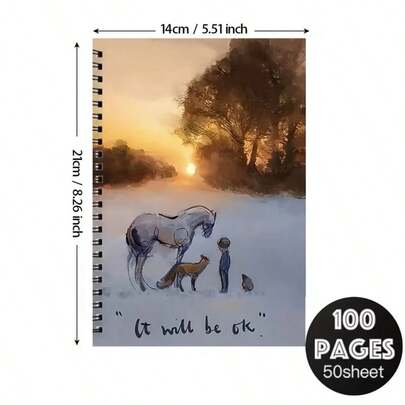 Cuaderno de arte inspirador - Diseño "Todo estará bien", con ilustraciones de caballo y perro, adecuado para dibujar, escribir y llevar un diario, con espiral, portada motivadora