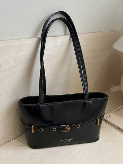 1pc Black PU Smooth Zipper Strap Decor Letter Print Fashionable Casual Solid Color Minimalist Unique Spring New Shoulder Bag, Suitable For Women's Daily Use