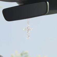 Bling Car Hanging Ornament, Cross Crystal Rhinestone Vehicle Rear View Mirror Pendant, Diamond Religious Rearview Mirror Decoration Charm, Universal Automotive Interior Accessories (Silver) - Silver - View 5