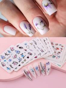 24pcs Spring & Summer Colorful Ink Smoke, Floral, Geometric Pattern Water Transfer Nail Art Stickers, Nail Decor Supplies - Multicolor - View 3