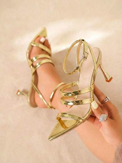 Damen modische elegante champagnerfarbene goldene Spitze Stiletto High Heel Sandalen, verstellbarer Schnallenverschluss, geeignet für Casual, Party, Date, täglichen Weg, bequem und stabil