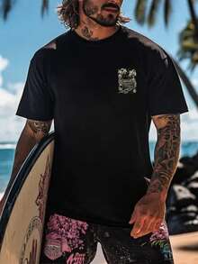 Coastal Men's Vacation Style Island Element Printed Short Sleeve T-Shirt, Suitable For Summer Wear, Comfortable & Breathable, Leading Fashion - Black - View 5